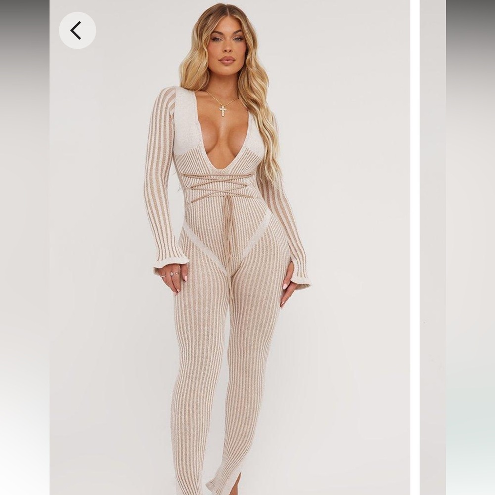 Long sleeve plunge strappy waist detail split leg jumpsuit
